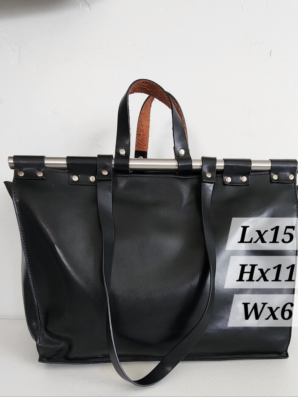 Zara Terez Black Leather Tote with Metal Bar and Dual Handles